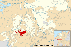 Map highlighting the Abbacy of Stavelot, a region containing Stavelot and Malmedy. It is along the banks of a river and nestled between the duchies of Limburg and Luxemburg and the Bishopric of Liège.