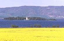 A field of yellow flowers in the foreground, with a dark blue lake beyond. A wooded island in the lake has a white structure of two storeys at centre and there are green and brown hills beyond. There is a small cluster of houses on the distant hill slope at right.