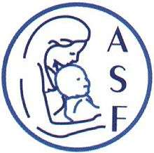 The letters "ASF" written vertically next to a line art drawing of a woman holding a baby