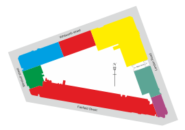 A plan graphically illustrating the layout of the uses of the building discussed in the text.