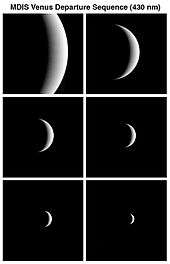 a sequence of six black and white images showing a Venus crescent gradually increasing in size as it nears