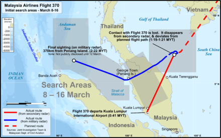 A bathymetric map of Southeast Asia with the known flight path of Flight 370 shown.