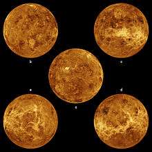 five circular maps of Venus, showing the surface from slightly different angles. Venus is seen without its atmosphere, in false red and gold colour. Physical features are just discernible.