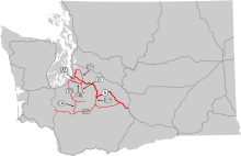 A grey map of Washington state with dark grey lines representing U.S. routes and a thick red line for PSH 5 and thin red lines for branches of PSH 5.