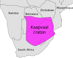 This map shows the outlines of the southern African nations of Nambia, Btoswana, Zimbabwe and South Africa. Kaapvaal's outline is superimposed on the countries.