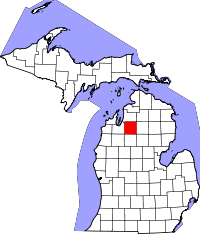 Map of Michigan highlighting Kalkaska County