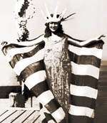 Woman with crown, holding a large flag