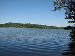 A blue lake with small waves, the distant shore is wooded and there is a tree at right