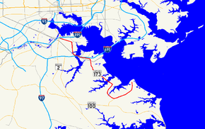 A map of the Baltimore area showing major roads.  Maryland Route 173 connects Fort Smallwood Park in Anne Arundel County with the Brooklyn neighborhood of Baltimore.