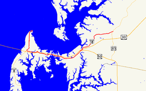 A map of western Queen Anne's County, Maryland showing major roads.  MD 18 runs from Love Point to Centreville.