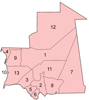 A clickable map of Mauritania exhibiting its twelve regions and one capital district.