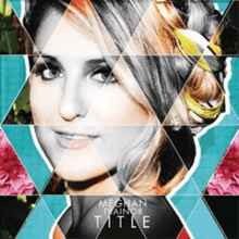 A facial portrait of a young blonde woman smiling. Her hair tied back with a section of her fringe covering the far left-side of her face. The portrait is triangulated and colored in terquoise and grayscale patterns with a flower in the backdrop. At the bottom of the portrait in white capital font stands the name, Meghan Trainor, and in a larger and bolder font the title, "Title".