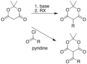 Reaction of the acidic methylene of Meldrum's acid with various electrophiles gives alkyl and acyl products