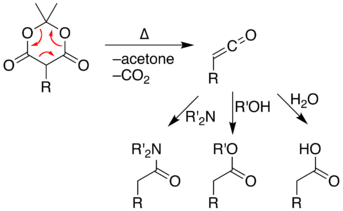 Reaction of the pyrolysis-product ketene with amines, hydroxyl compounds, or water gives amides, esters, or carboxylic acids respectively