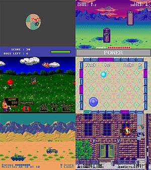 Screenshots of six minigames (clockwise): a black screen with visible circle showing bugs eating a pizza; a purple, blue, and green space setting with craters and coffin-shaped pods reveal aliens; two-tone rectangles form a rectangle around a puck and a controllable mallet against a psychedelic backdrop; a street scene shows an brownstone apartment building with a "BANG" explosion in a window; a desert setting with mountain backdrop has green tanks and armored vehicles in the foreground; a tomato hurtles towards characters in a vivid and colorful field