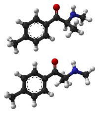 The two enantiomers of mephedrone: The potentially more potent S form is above the R form.