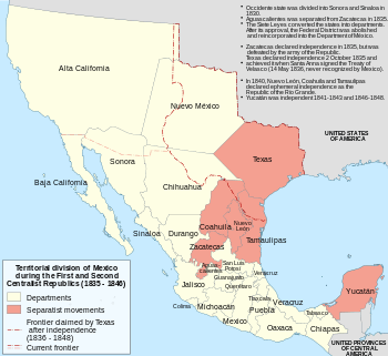 A map of Mexico, showing state and territory divisions as of 1835.  Texas, Coahila, Nuevo León, Tamaulipas, Zacatecas and the Yucatán are shaded, marking them as having separatist movements.