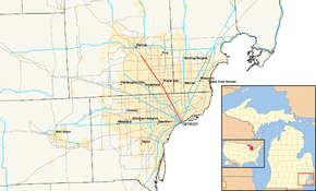 M-1 and Woodward Avenue runs north-northwesterly away from the Detroit River between Detroit and Pontiac in southeastern Michigan