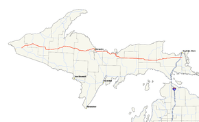 A map of the Upper Peninsula of Michigan showing M-28 in red crossing east–west, intersecting an Interstate on the east end