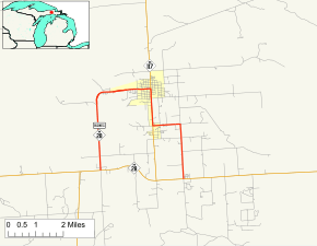 M-28 runs across from west to east with Business M-28 looping through downtown north of M-28. M-117 runs from the south to north, joining M-28 and Business M-28 through Newberry, Michigan