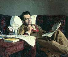 A middle-aged man in a light-colored coat, reclining on a sofa, staring thoughtfully into space with a pen and music paper