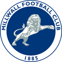 Blue rampant lion above the word Millwall in blue letters.