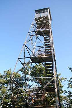 A latticed silvery metal structure seen from below tapering to a small cabin on top, with stairs climbing on the inside. There are some trees with compound leaves behind it.