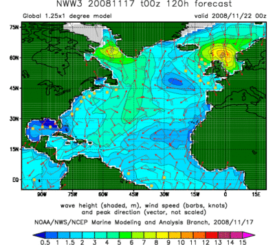 A wind and wave forecast for the North Atlantic ocean. Two areas of high waves are identified: One west of the southern tip of Greenland, and the other in the North Sea. Calm seas are forecast for the Gulf of Mexico. Wind barbs show the expected wind strengths and directions at regularly spaced intervals over the North Atlantic.