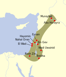 A map of the Levant with Natufian regions across present-day Israel, Palestine, and a long arm extending into Lebanon and Syria