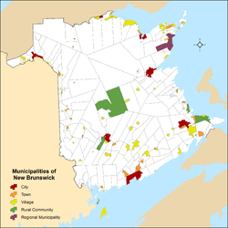 Map showing locations of all of New Brunswick's municipalities