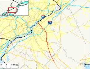 Route 73 follows a north–south alignment from northern Atlantic County to the Pennsylvania border at the Delaware River. It crosses Interstate 295 a short distance south of the Delaware River.