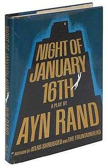 Hardcover book turned slightly to the side. On the cover is a silhouette of a skyscraper and a man falling from it. The words "Night of January 16th a play by Ayn Rand author of Atlas Shrugged and The Fountainhead" appear inside the silhouette.