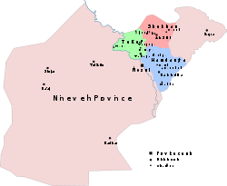 Map of the three districts which constitute Nineveh plains overlaid over the Ninawa Governorate map.