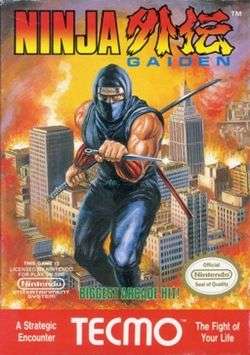 The logo of Ninja Gaiden is on the top of the screen. In the middle of the image is a depiction of a ninja in blue with a knife in his left hand and a bo and katana stored on his back. The ninja is portrayed in a background of a burning city. Below the ninja is green text saying in caps "BIGGEST ARCADE HIT!", and to the left and right of that text are Nintendo's license notice and Seal of Quality respectively. In the bottom of the image, in red with white lettering, is the TE©MO logo, with text to the left of the logo saying "A Strategic Encounter" and with text to the right of the logo saying "The Fight of Your Life".