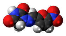 Ball-and-stick model of the nitrofurantoin molecule