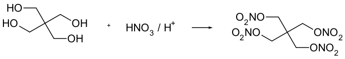  graphic representation of the formula C(CH2OH)4 + 4 HNO3 → C(CH2ONO2)4 + 4 H2O