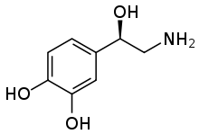 Chemical diagram of the structure of a norepinephrine molecule.