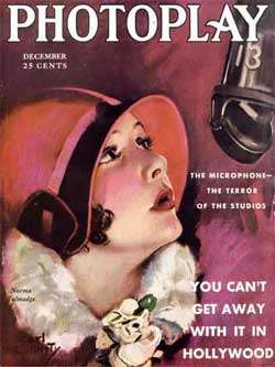 Magazine cover with illustration of a young woman wearing a form-fitting red hat staring up at a suspended microphone. Accompanying text reads, "The Microphone—The Terror of the Studios", and, in larger type, "You Can't Get Away With It in Hollywood".