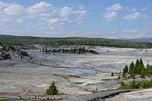  Large, grey ashen basin rimmed by fir trees.