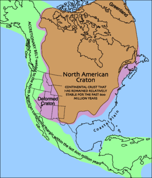 The brown area covers most of current-day North America. It did not cover the area where the Rocky Mountains are, Mexico and the southeastern portion on the U.S.