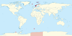 Location of the Kingdom of Norway and its integral overseas areas and dependencies Svalbard, Jan Mayen, Bouvet Island, Peter I Island and Queen Maud Land.