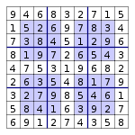 The previous puzzle, solved with additional numbers that each fill a blank space.