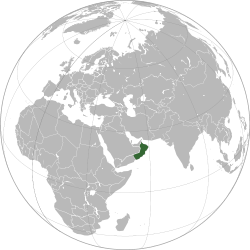 Location of  Oman  (red)in the Arabian Peninsula  (light yellow)