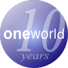 A round blue orb with the text "10 years" printed behind the word Oneworld as a watermark