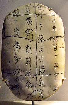 An off-white, ovular turtle shell with an inscription in ancient Chinese