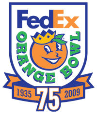 White shield bearing the FedEx and Orange Bowl logos. Below it is a ribbon inscribed with 1935 and 2009, separated by a white 75.