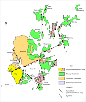 A map of the geology of Orkney. Hoy to the south west is predominantly formed from Hoy/Eday Sandstones. The Mainland at centre is largely Stromness flagstones with Rousay flagstones to the east. The North and South Isles are a mixture of Eday and Rousay sandstones.