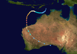 A map of a path across the eastern Indian Ocean near Australia. Most of the country can be seen in the right side of the image. Some of the Indonesian islands are visible at the top.