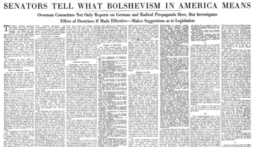 Newspaper clipping headlined "SENATORS TELL WHAT BOLSHEVISM IN AMERICA MEANS. Overman Committee Not Only Reports on German and Radical Propaganda Here, But Investigates Effect of Doctrines If Made Effective—Makes Suggestions as to Legislation"