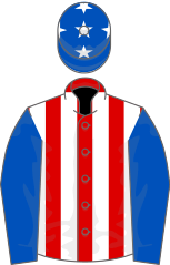 Racing silks with blue sleeves and a red-and-white-striped torso,  a blue cap with stars